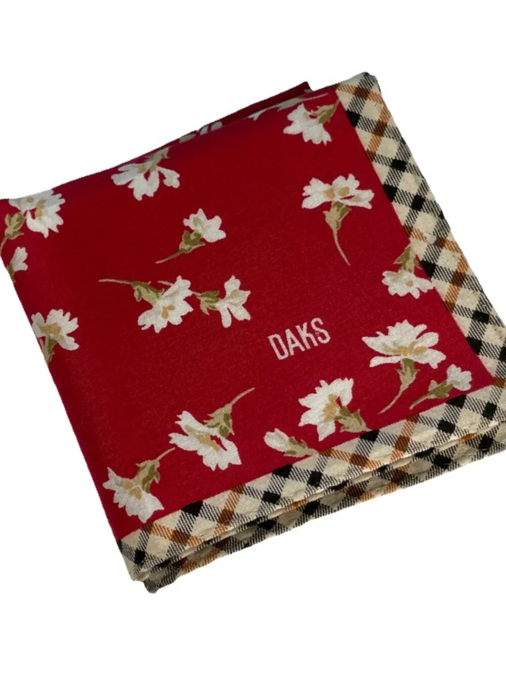 Vintage DAKS London Cotton Scarf Red Floral Check Border 19